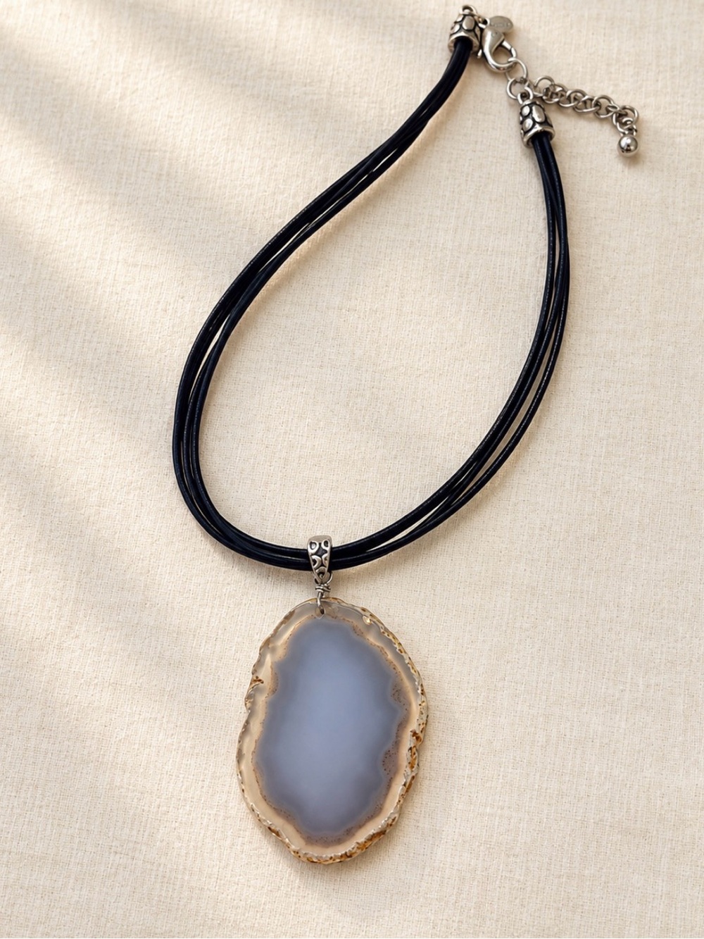 Chicos Natural Agate Pendant Necklace in Gray with Black Cord